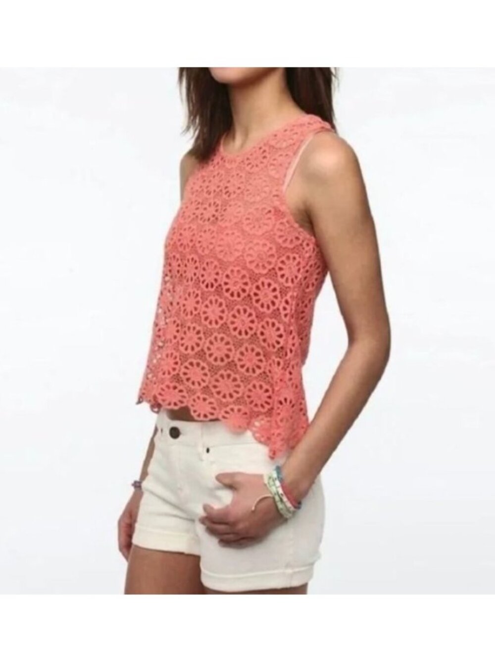 Pins and Needles Pink Crochet Open Knit Sweater Tank Top Scalloped Hem ANTHRO M